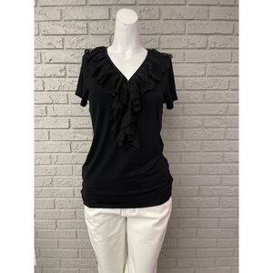 Lauren Ralph Lauren Black Ruffle V Neckline Short Sleeve Top Size M